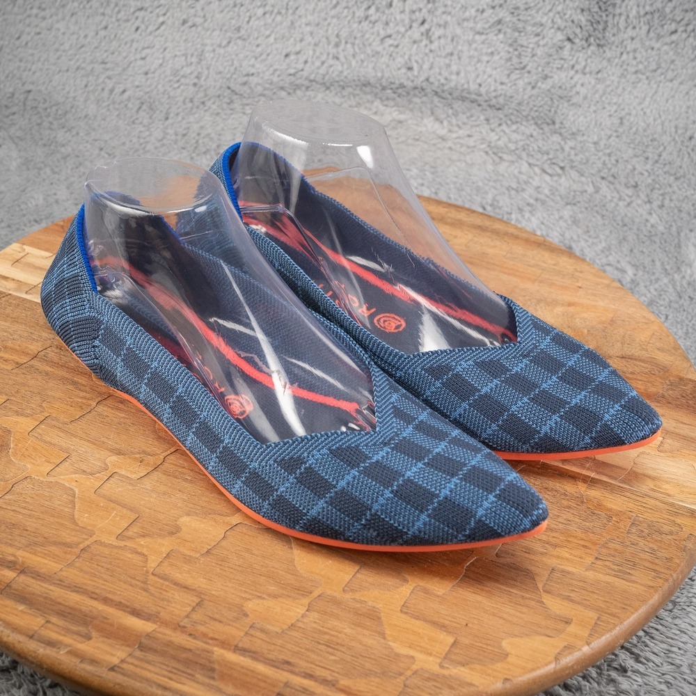 Rothy's The Point Indigo Gingham Plaid Ballet Flats Shoes Woman's Size 10.5 W